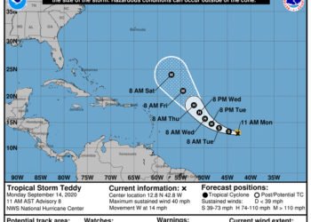 Tempête tropicale Teddy : Elle est située à un peu plus de 2000 km des Antilles